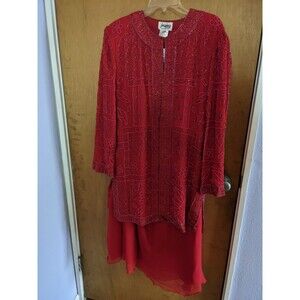 Jas Jas Silk Vintage Red Floral Beaded Two Piece Skirt Set Grandmacore Size 12